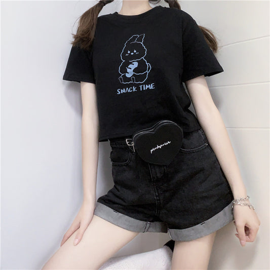 Cute Short Sleeve T-shirt Women's High Waist Cropped Navel