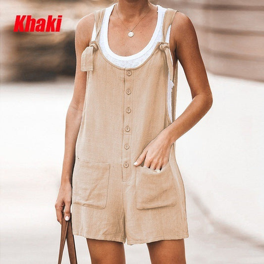 Women's Solid Color Patch Pocket Tie Cotton Linen Bib Pants