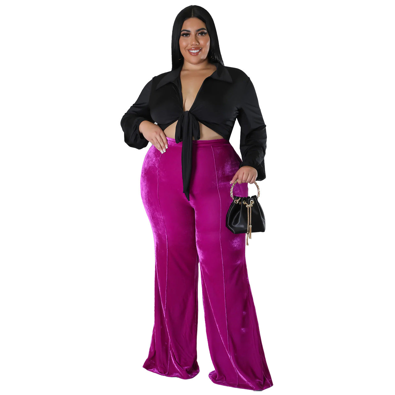 Women's Patchwork Fleece Flared High Waist Casual Pants