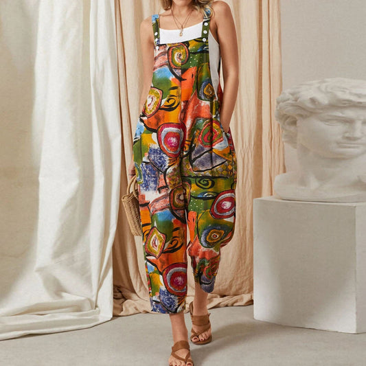 Loose Retro Printed Cotton And Linen Women's Jumpsuit
