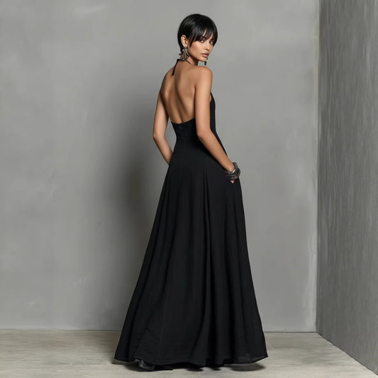 Casual Cotton-Linen Resort Halterneck Pocket Backless Dress