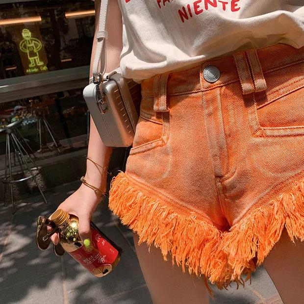 Women's Plus Size High Waist Tassel Denim Shorts