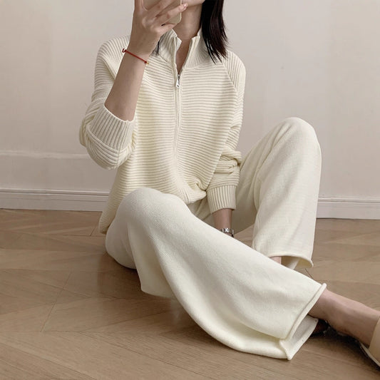 Fashionable Knitted Cotton Suit Zipper Cardigan Casual Trousers