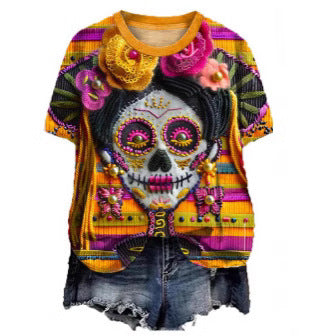 Skull-print Casual Loose-fitting Crew-neck Short-sleeve T-shirt