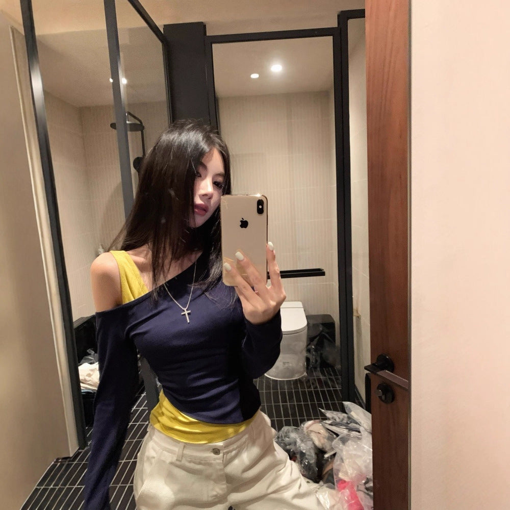 Women's Autumn Design Versatile Slimming Fake Two-Piece Short Top