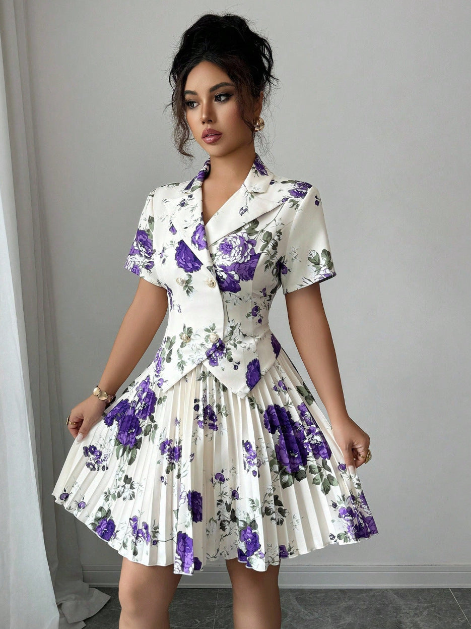 New Springautumn Womens Fashion Versatile Set Elegant Floral-print Casual Two-piece Outfit