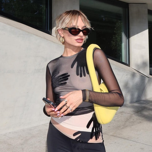 Mesh-panel Long-sleeve Sheer Cropped Top