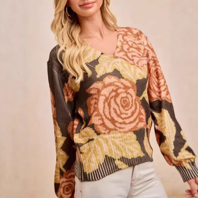 Women's Long-Sleeve Floral Print Sweater