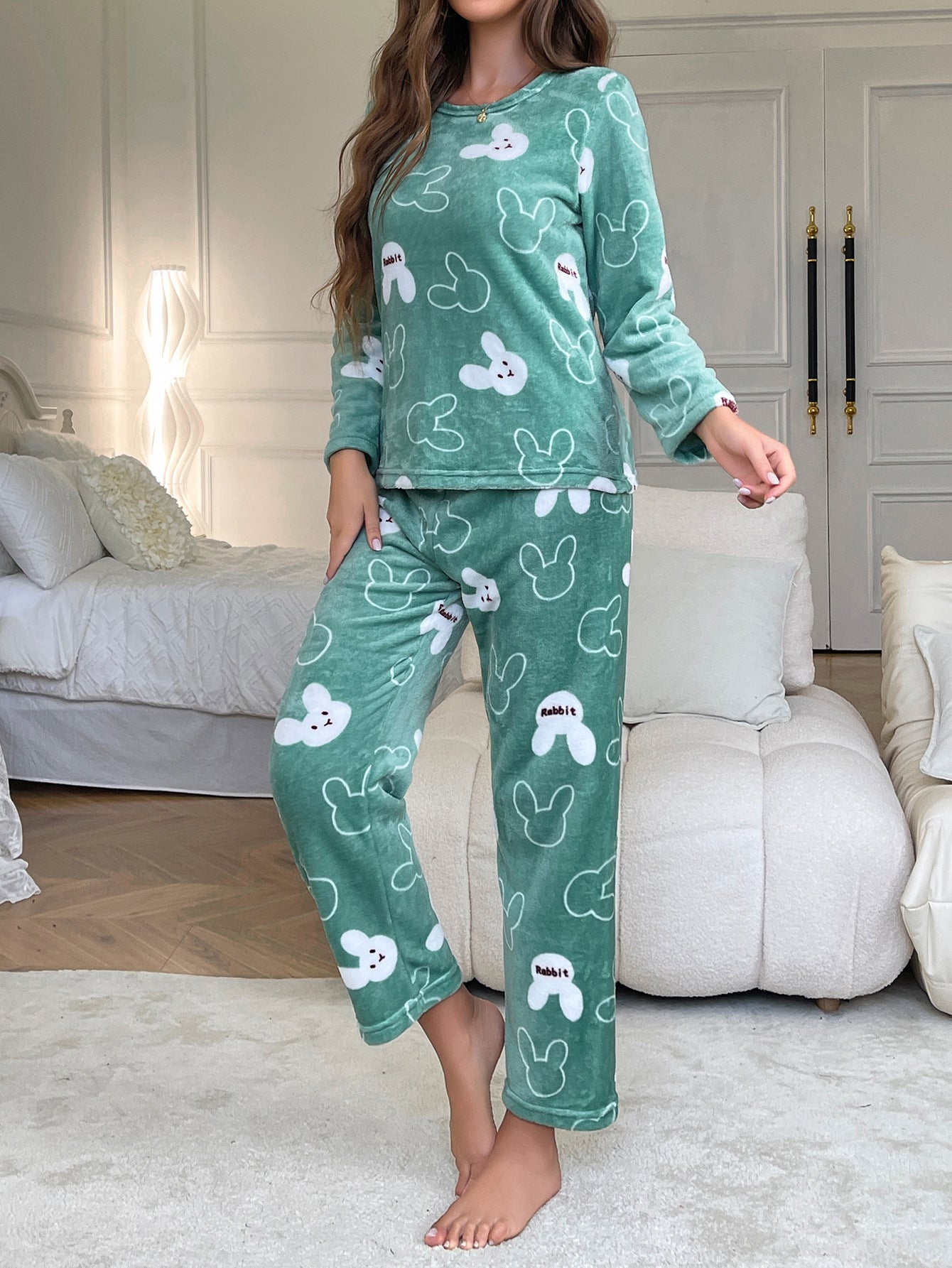 Womens Flannel Cartoon Rabbit-Print Long-Sleeve Pajama Set With Long Pants