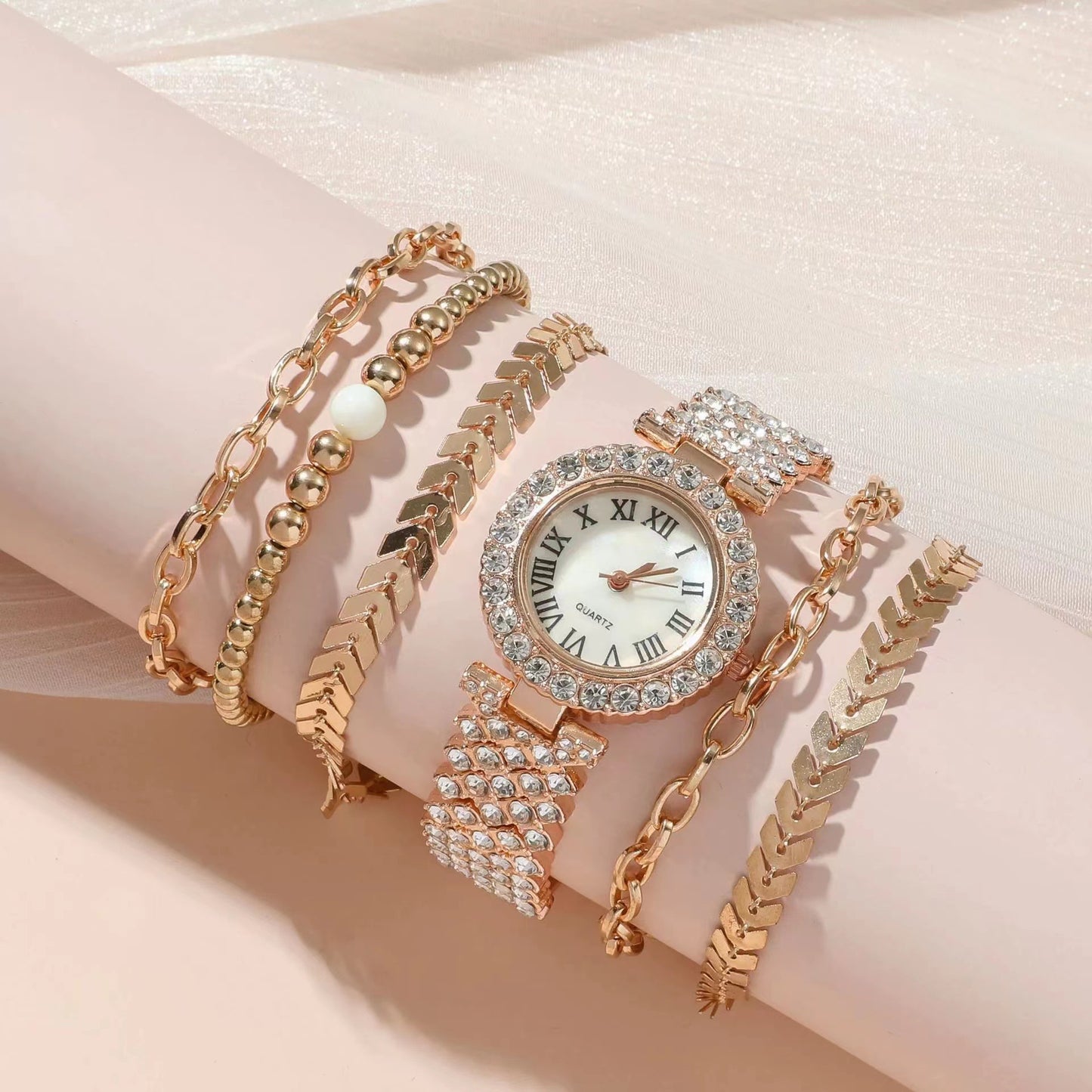 Diamant Damearmbåndsur Luksus Mode Gaveæske Ur Armbånd Seksdelt Sæt