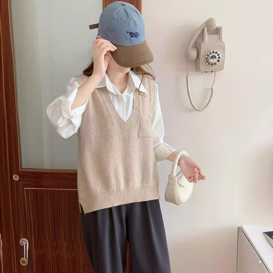 Casual Girly Style Pocket V-neck Sleeveless Vest