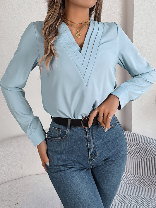 Elegant Solid Color Layered V-Neck Long Sleeve Blouse