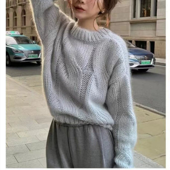 Round Neck Large Hemp Flowers Thick Needle Knitted Sweater
