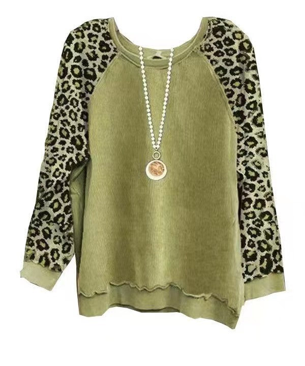 Leopardmønstret Color-Block Langærmet Top til Kvinder