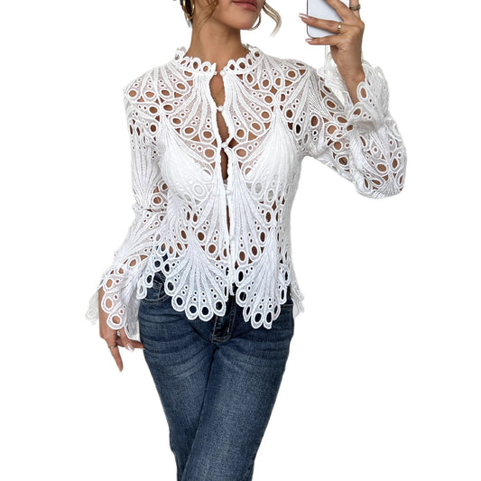Sexy Cutout Flared-Sleeve Breathable Knitted Lace Womens Top