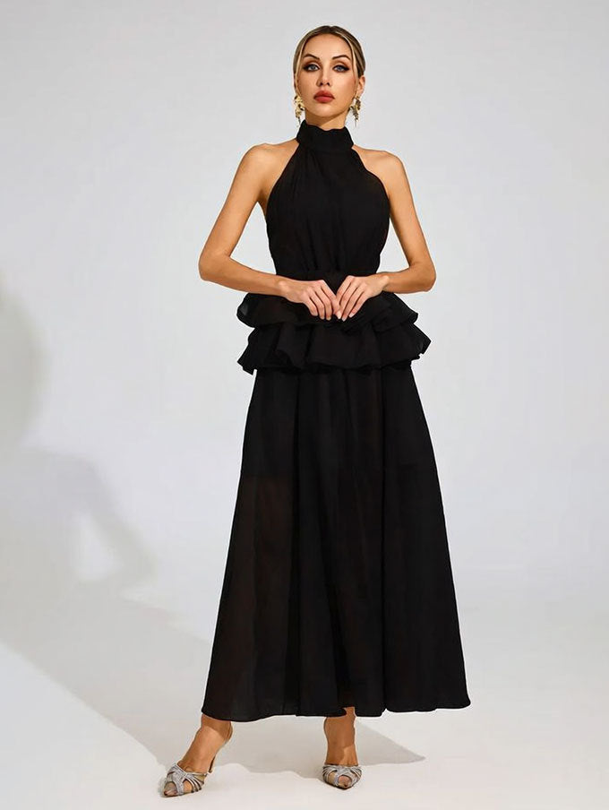 Flowy Ruffled Wedding Dress With A Halter Neckline
