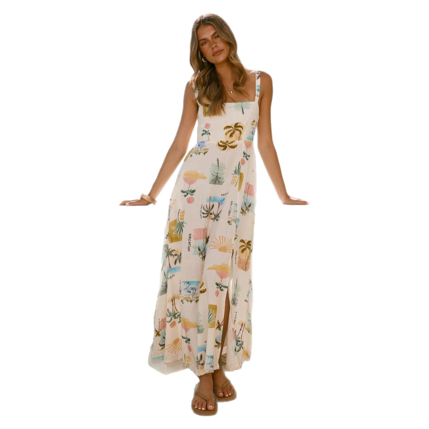 Printed Casual Resort-style Linen Slip Dress
