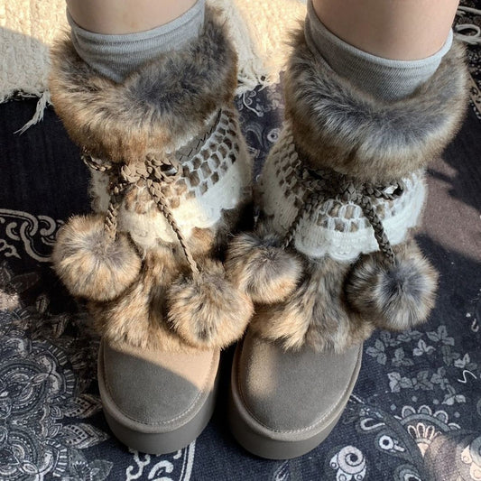 Retro Chunky Brown Boots With Fleece-lined Ankle Boots