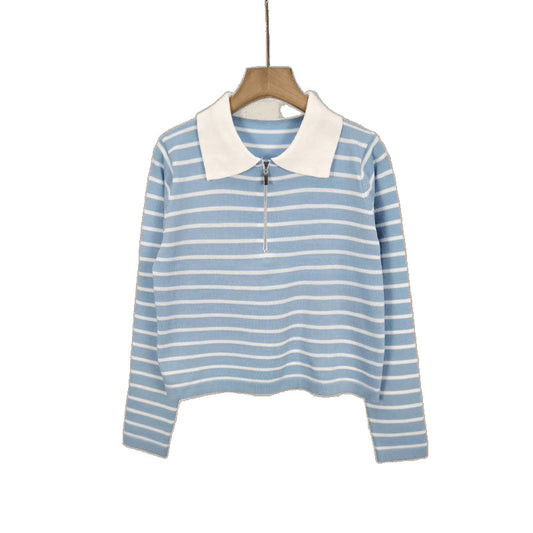 Forårsstrikket løstsiddende stribet langærmet sweater til kvinder med kontrastfarvet krave