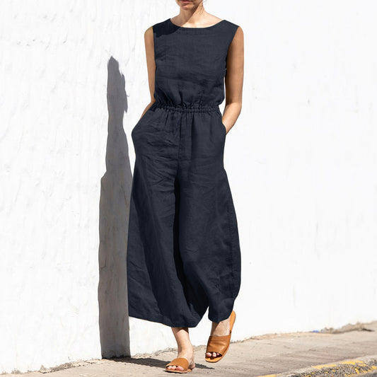 Summer Solid Color High Waist Sleeveless Trousers Women's Loose Type Temperament Jumpsuit