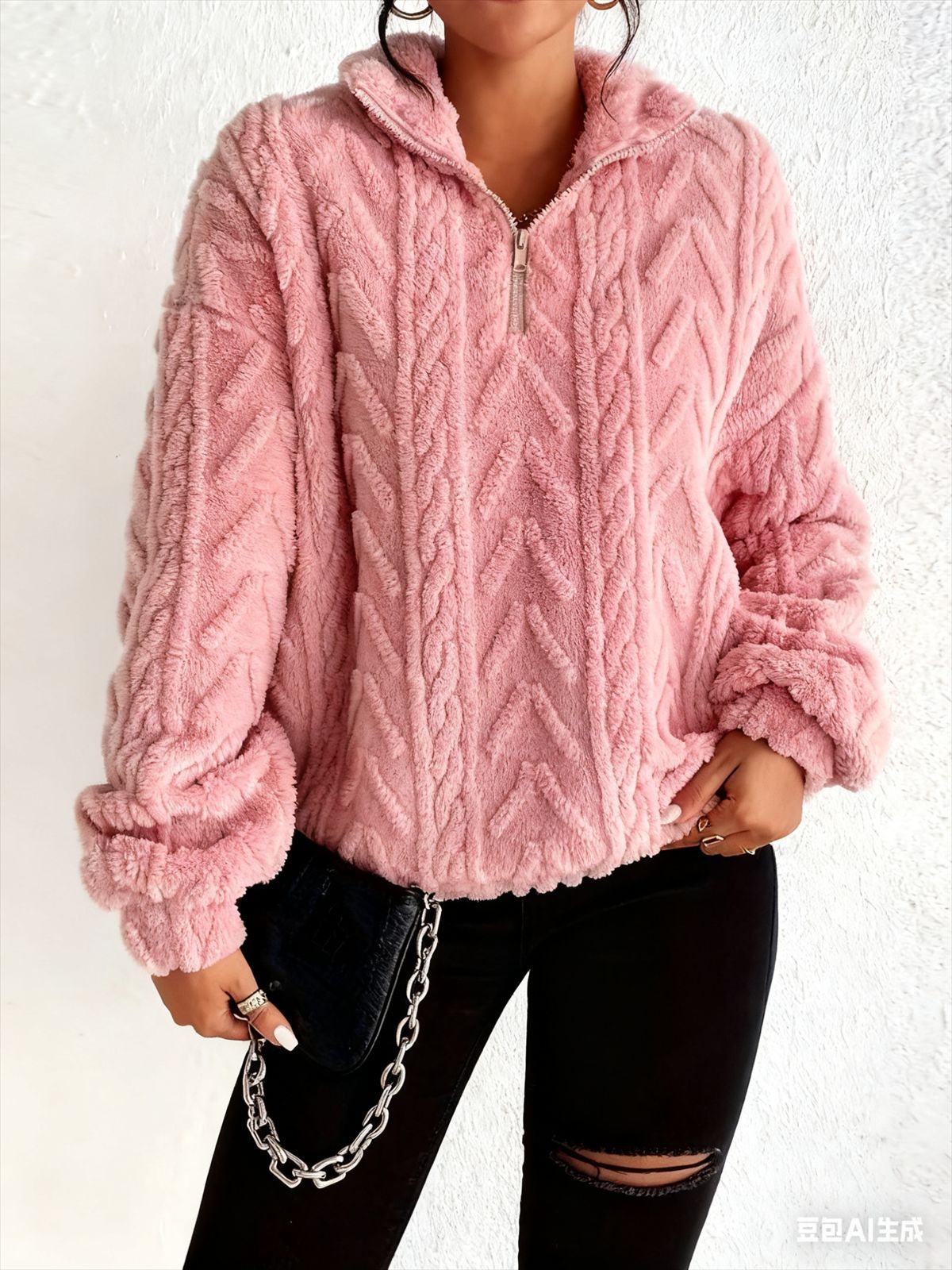 Vendbar Plys Latte Art Casual Lynlås Pullover Top