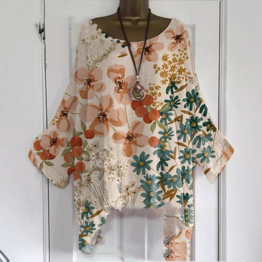 Round Neck Long Sleeve T-shirt Floral Shading Print