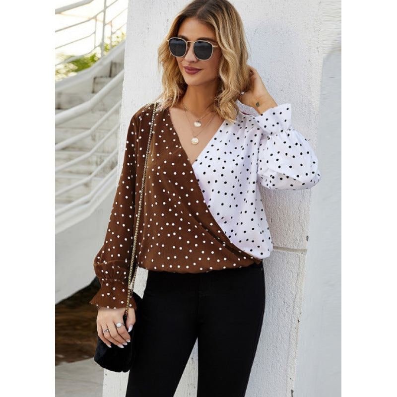 Women's Shirt Autumn Polka Dot Color Matching Printed Long Sleeve Shirt