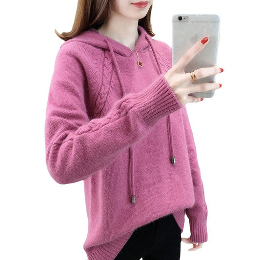 Women's Solid Color Loose Pullover Long Sleeve Hooded Knitted Sweater