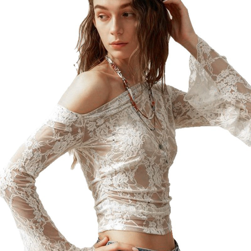European And American Instagram-style Elegant Off-shoulder Flared-sleeve Figure-hugging Lace Long-sleeve Top