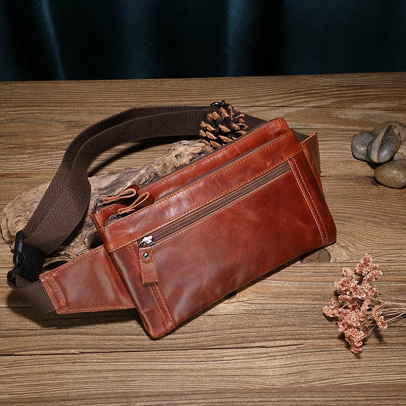 Men's Outdoor Work First Layer Cowhide Large Capacity Waterproof Waist Bag