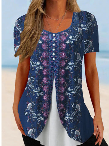 Summer New Women's Round Neck Printed Fake Two Pieces Short Sleeve Shawl Pullover T-shirt Tops