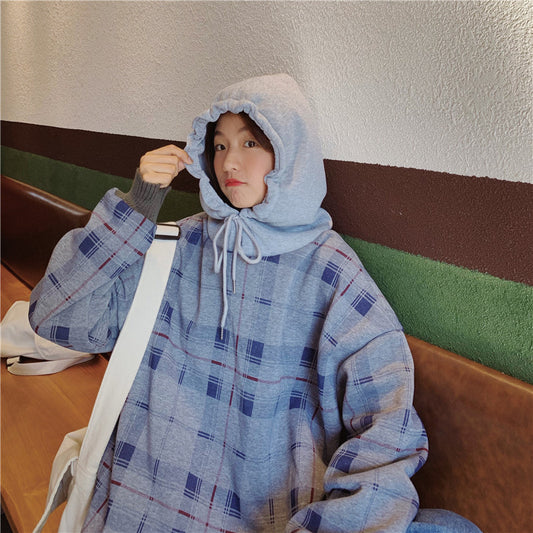 Fake Two Piece Long Sleeve Sweater Women Hooded Loose Plaid