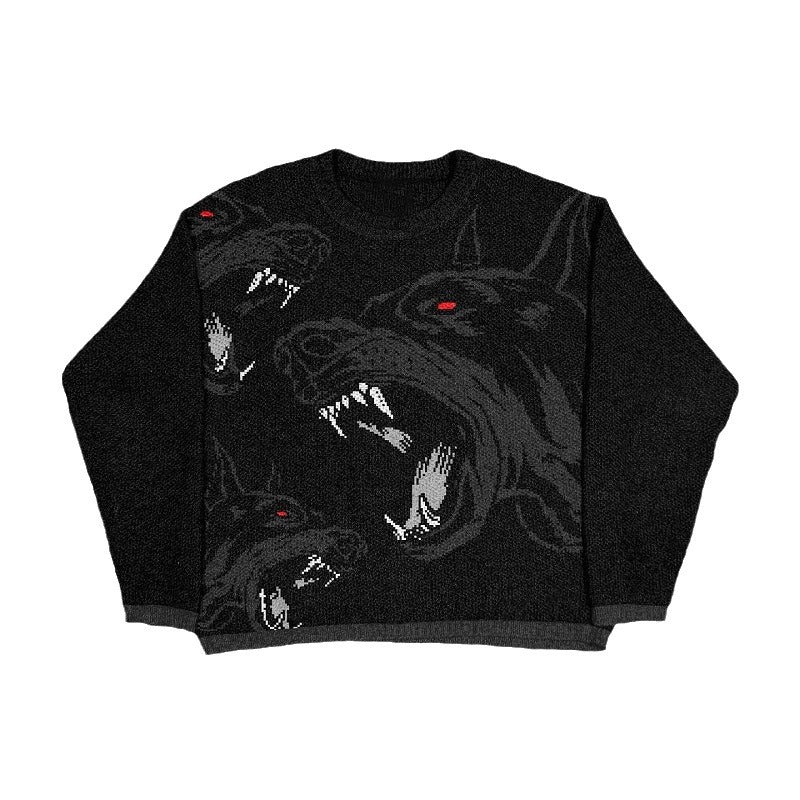 Fashion Round Neck Knitted Sweater Gothic Pattern Printed Sweater Long Sleeve Loose Top