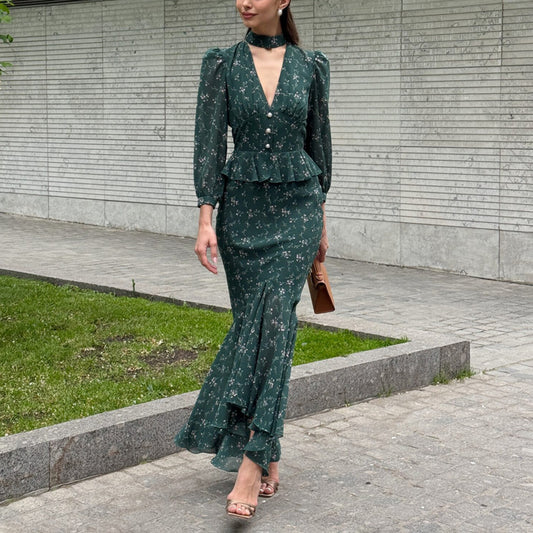 Floral-print Collar V-neck Long-sleeve Ruffle-trim Top Two-piece Set