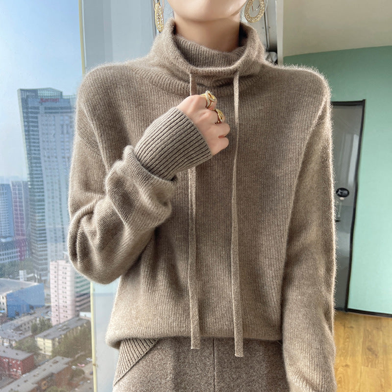 Autumn And Winter Cashmere Sweater Women's Turtleneck Drawstring Loose Thick Pullover Sweater