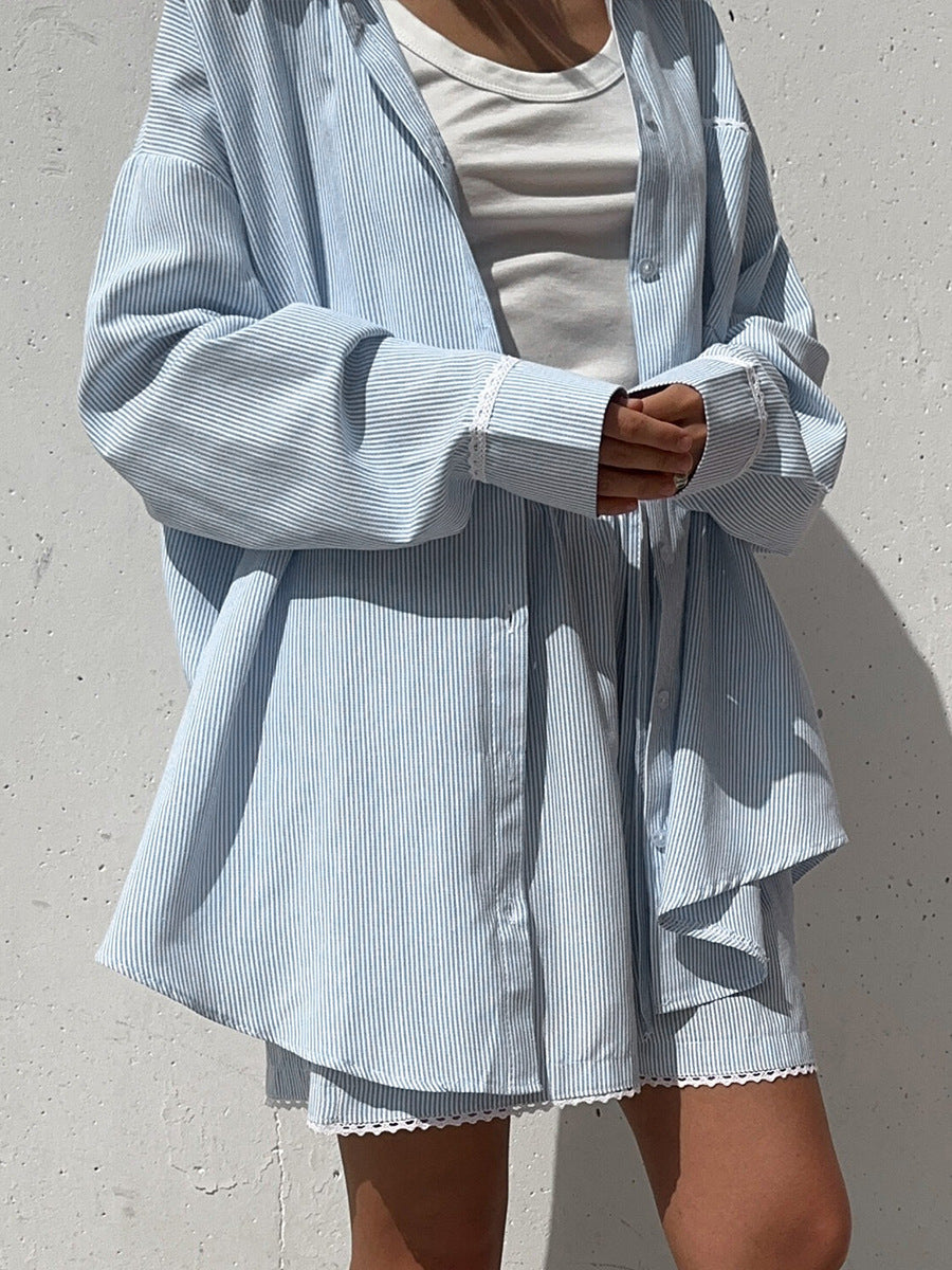 Fashionable Casual Lace-trimmed Shirt And Shorts Set For Women