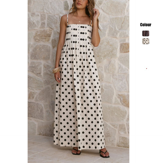 Summer Polka Dot Printed Pleated Sweet Strap Mid Length Dress