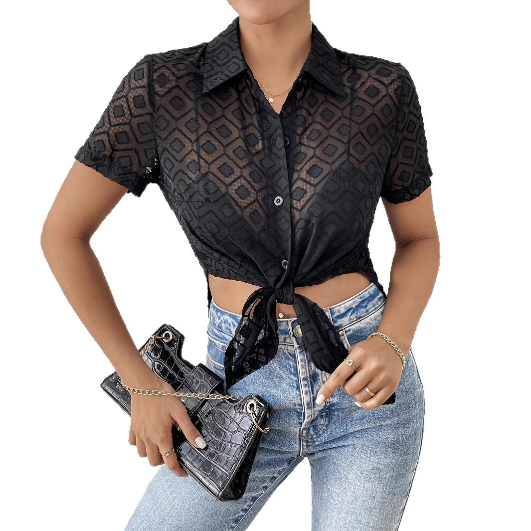 Womens Solid-Color Fashion Jacquard Chiffon Short-Sleeve Top