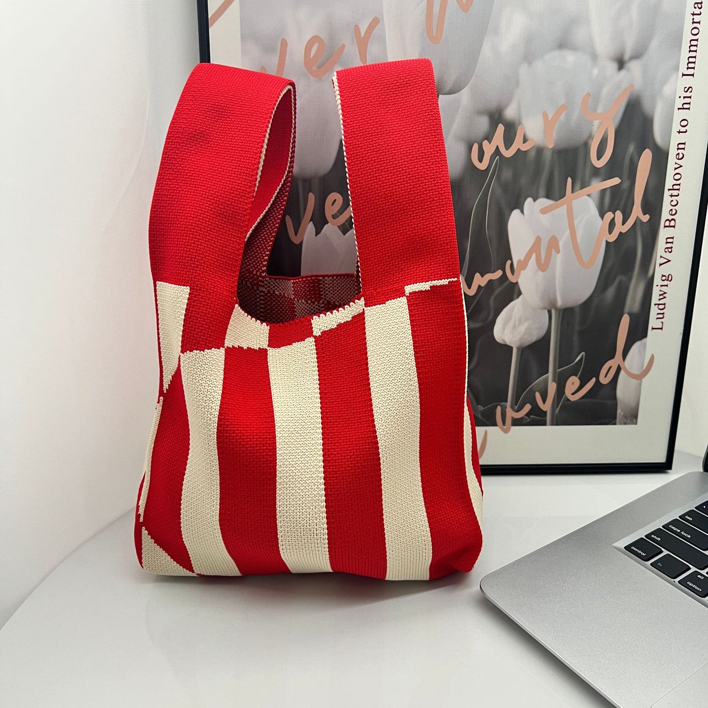 Girl's Floral Patchwork Knitted Handbag One Shoulder Knitted