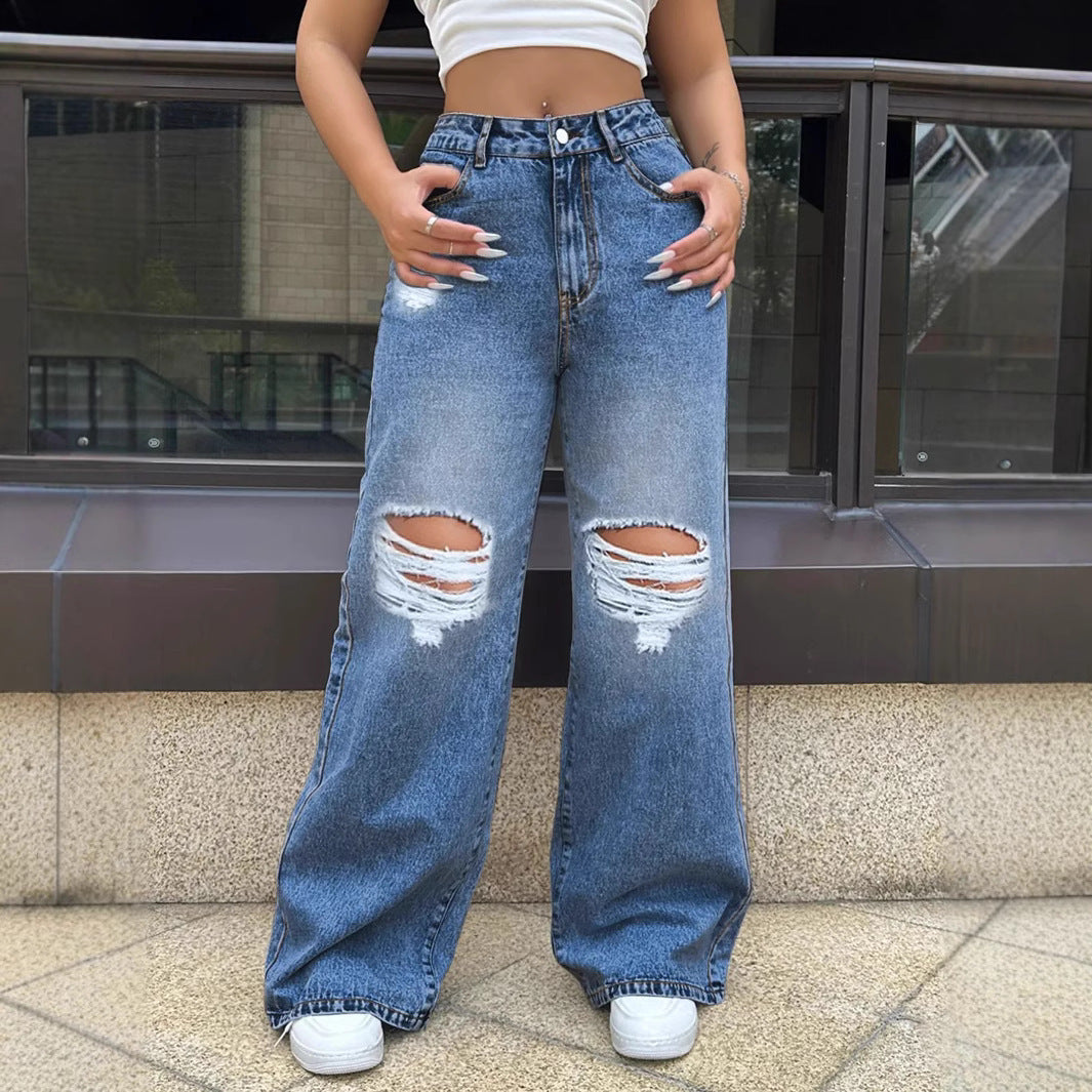 Ripped washed jeans med løs, lige pasform og brede ben