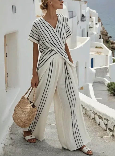 Womens Crew-neck Striped Short-sleeve Top And Straight-leg Wide-leg Pants Two-piece Set