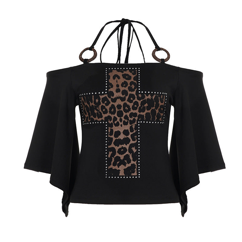 Retro Sassy Cross Leopard Print Halterneck Top With A Low Cut Neckline