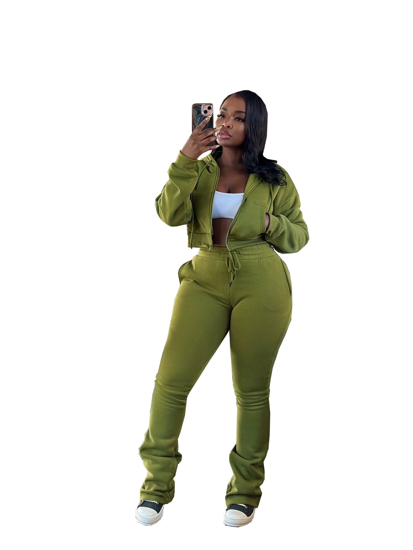 Women's Hooded Zip-Up Waist-Tying Fleece Sweatshirt Sport Set
