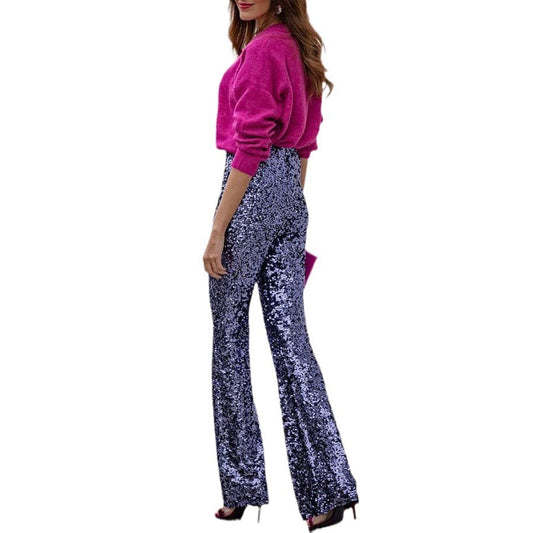 European And American Sequins Elastic Waist Slim Elastic Bell-bottom Pants