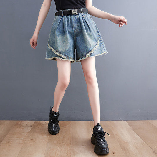 Women's New Korean Style Denim Stitching Washed Shorts
