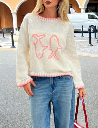 Color-block Crew-neck Retro Embroidered Loose-fitting Pullover Sweater