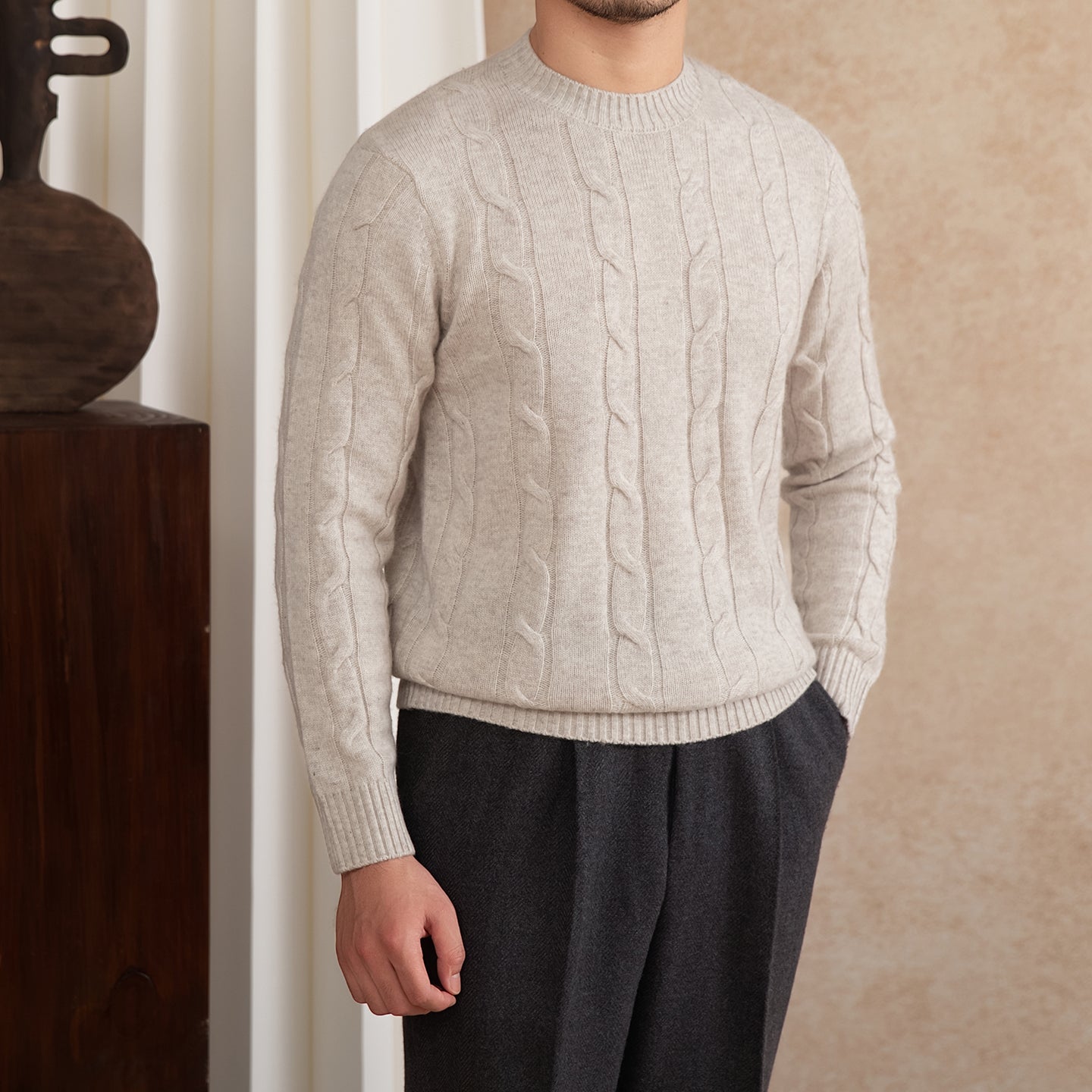 Wool Knitted Twisted Round Neck Pullover Long Sleeve Sweater