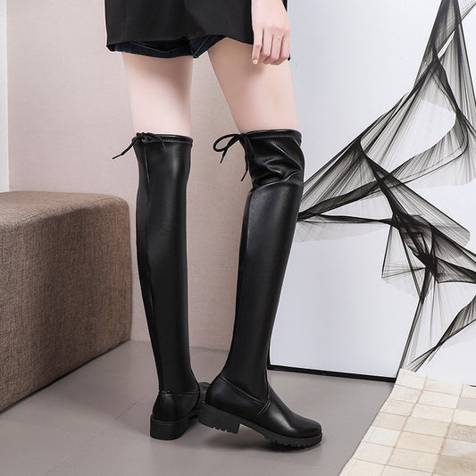 Women's Thick Heel Lace Up High Tube Thin Leather Boots