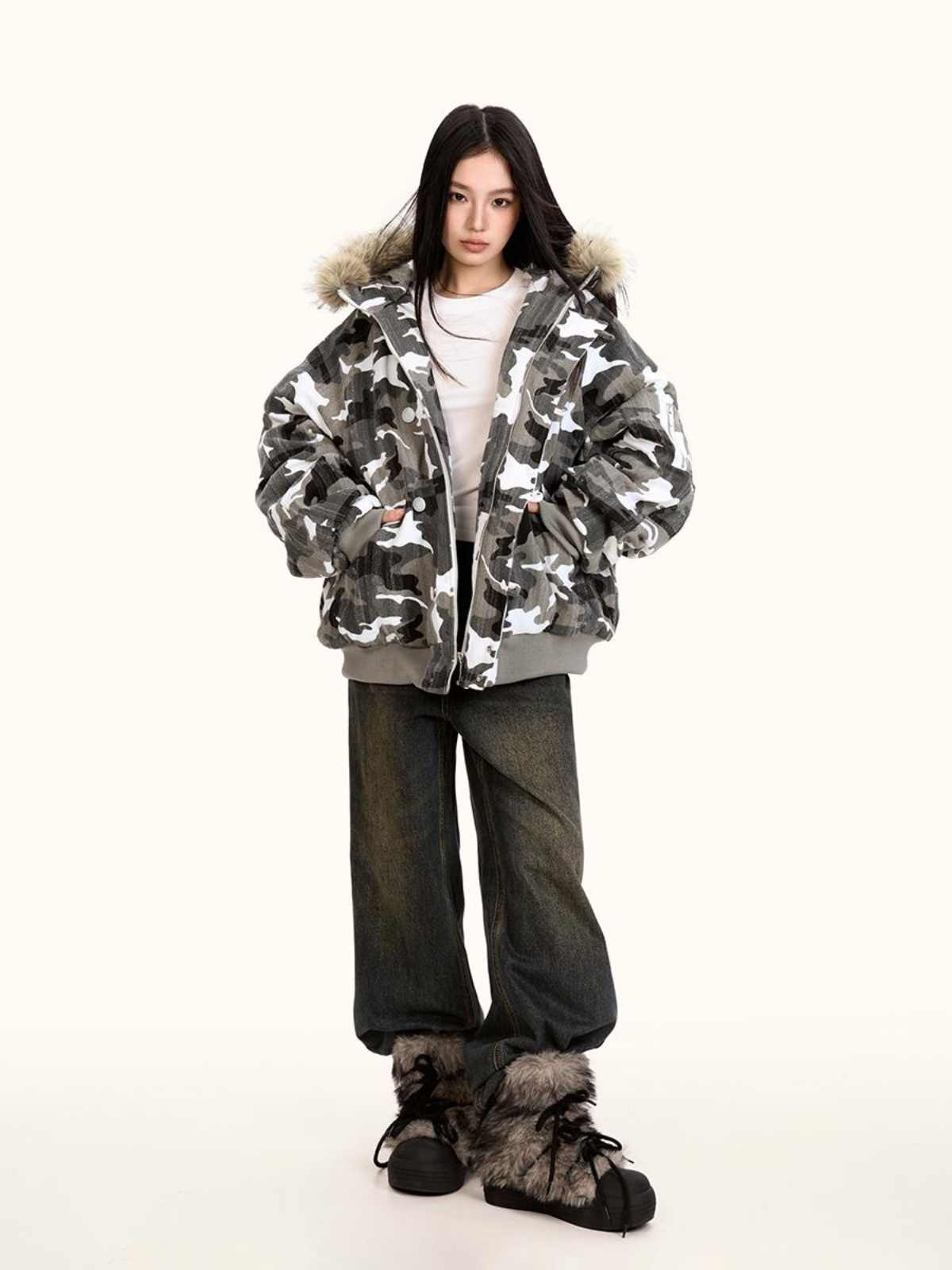 Løs Retro Camouflage Splejsning Pels Krave Bomuldsforet Jakke