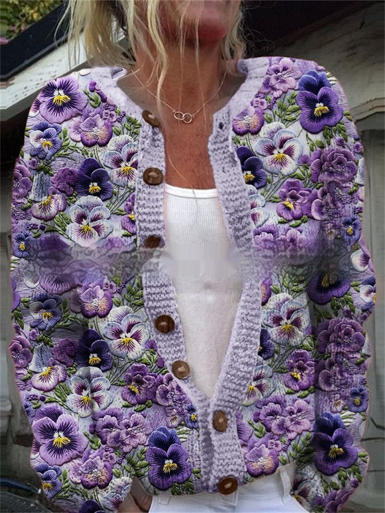 Womens All-Match Printed Knitted Faux Sweater Fabric Cardigan For FallWinter